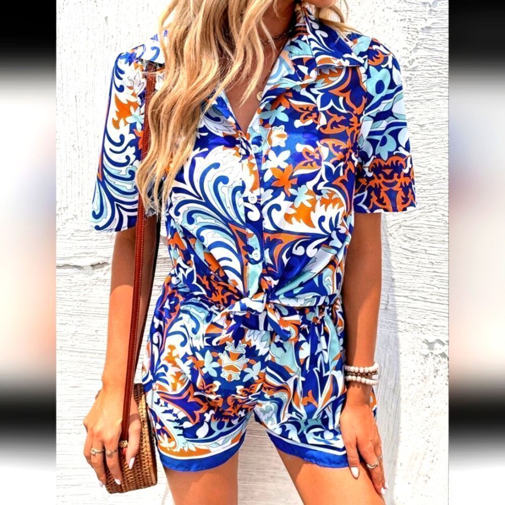 Vibrant Blue and Orange Patterned 2 Piece Set XXL
